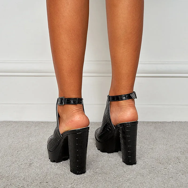 Women crisscross lines peep toe slingback buckle strap platform chunky heels