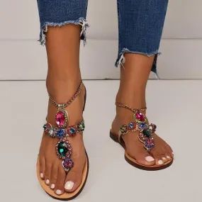 Women flat ankle strap chain  rhinestone sandals