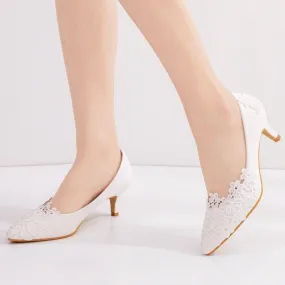 Women kitten white lace flower pointed toe wedding heels