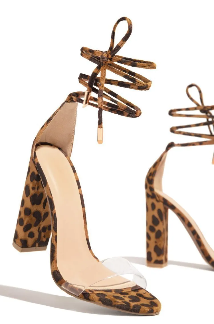 Women leopard criss cross strappy peep toe lace up chunky heels