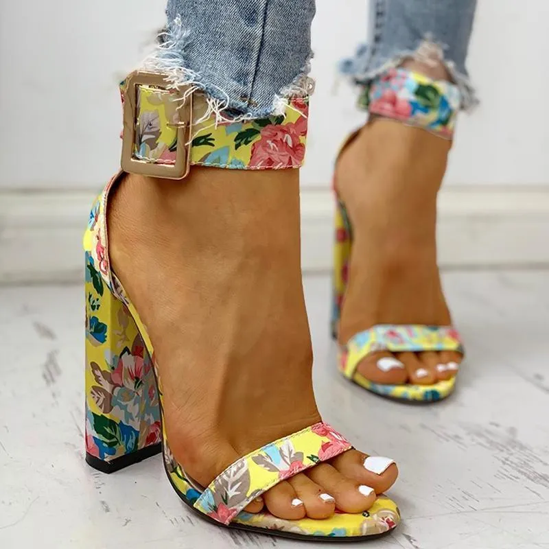 Women peep toe buckle ankle strap printed chunky heels