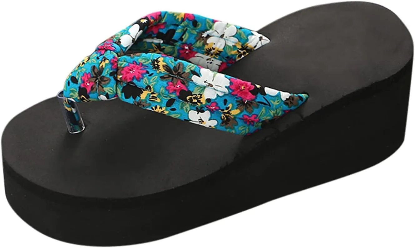 Women Wedge Heel Thick Bottom Floral Flip Flops Beach Flip Flops Fashion Summer Casual Slippers Leopard Sandal