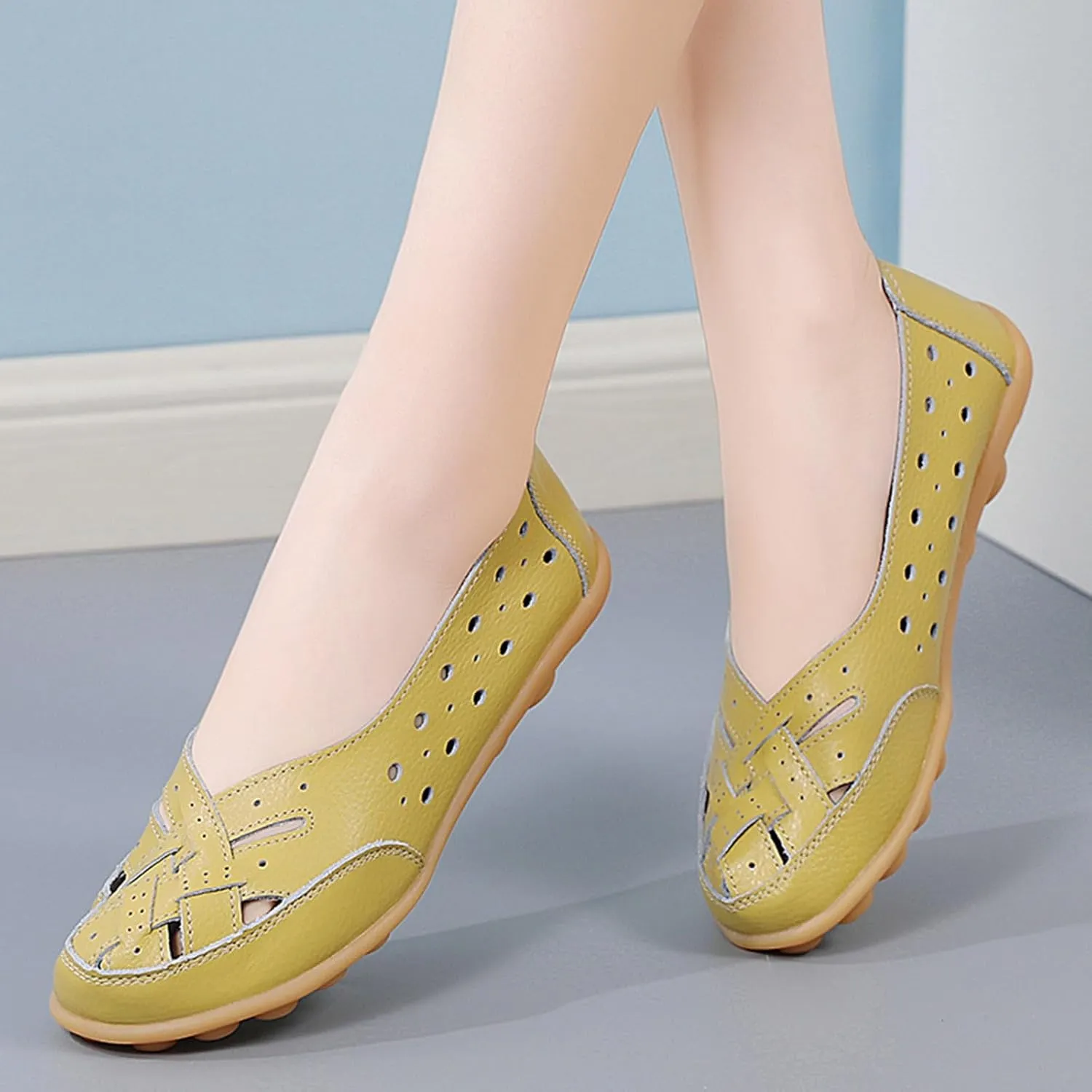 Women’s Ballet Flat Fashion Sandal with Breathable Eyelets Mary Jane Flats Round Toe Dress Leather Shoes Slip on Flat