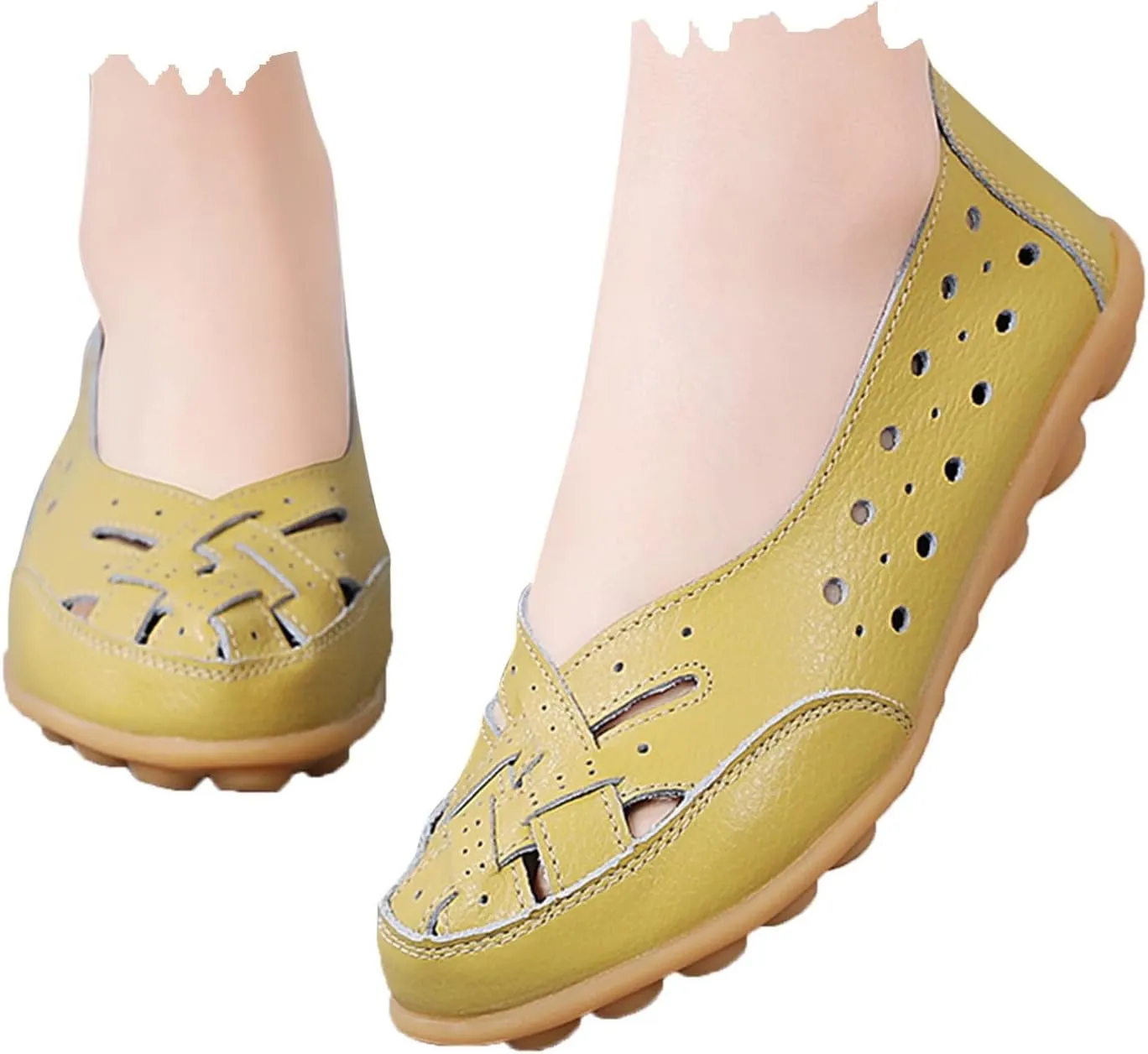 Women’s Ballet Flat Fashion Sandal with Breathable Eyelets Mary Jane Flats Round Toe Dress Leather Shoes Slip on Flat