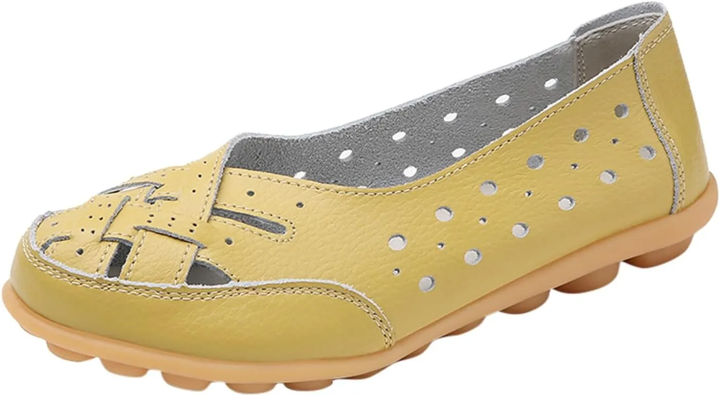 Women’s Ballet Flat Fashion Sandal with Breathable Eyelets Mary Jane Flats Round Toe Dress Leather Shoes Slip on Flat