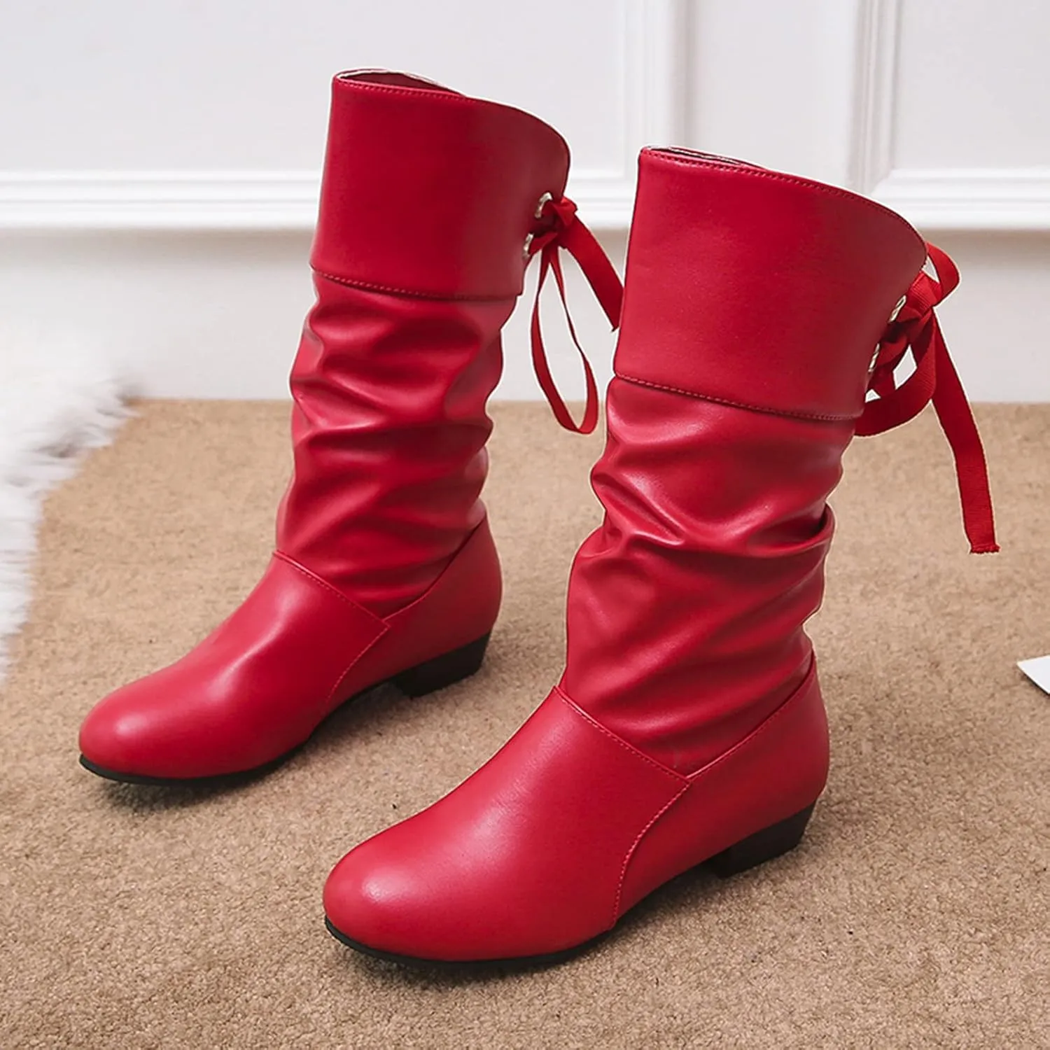 Womens Boots Fashion Bow Tie Pleated PU Leather Boots for Women Solid Color Chunky Heel Durable Mid-Calf Boots