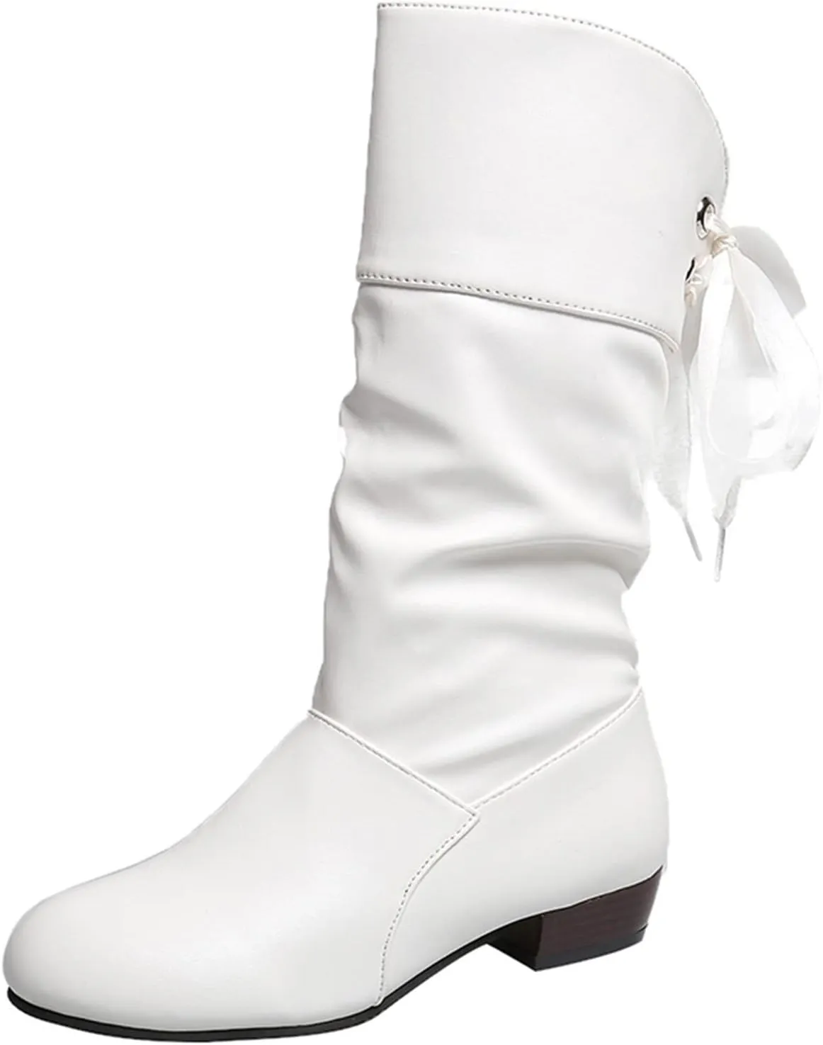 Womens Boots Fashion Bow Tie Pleated PU Leather Boots for Women Solid Color Chunky Heel Durable Mid-Calf Boots