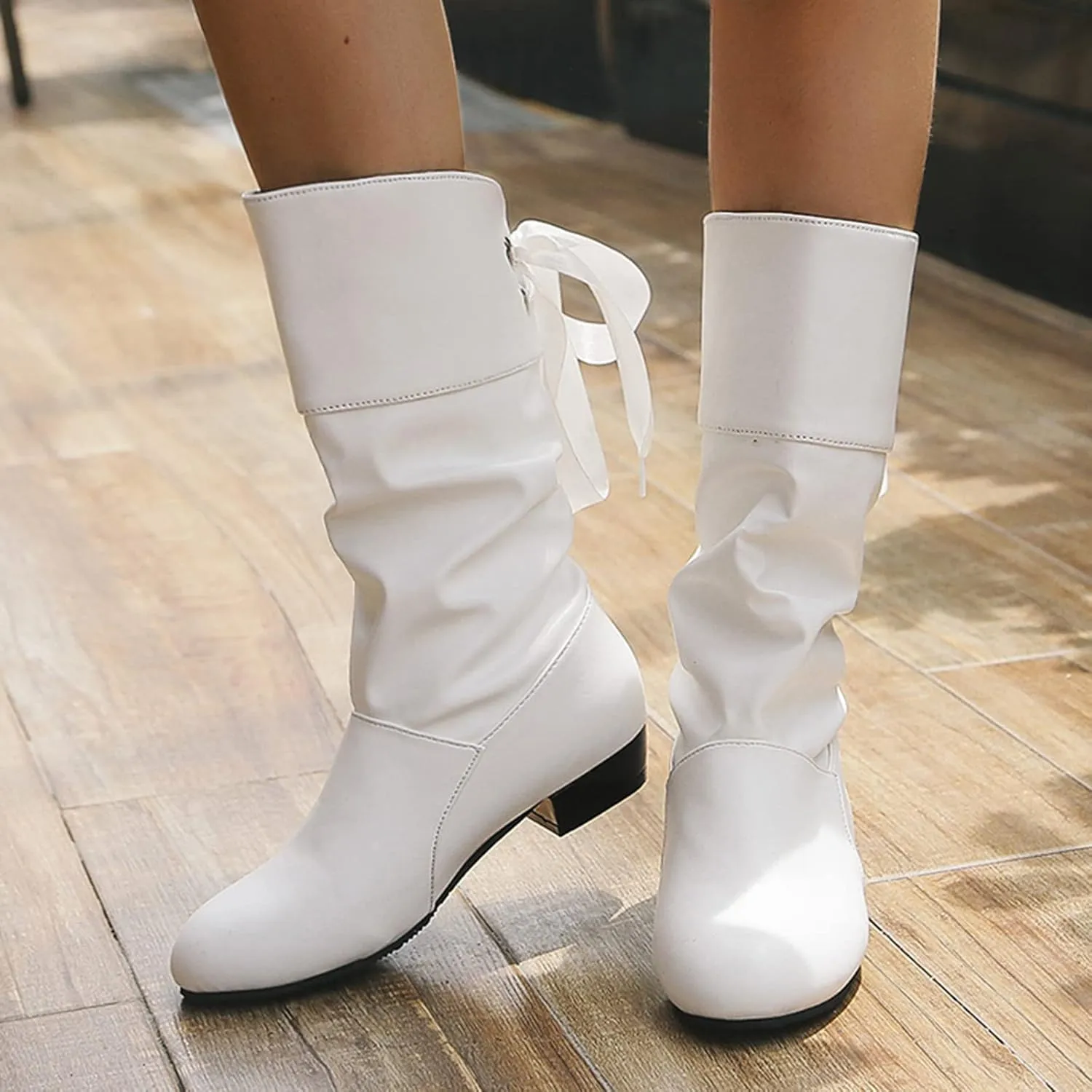 Womens Boots Fashion Bow Tie Pleated PU Leather Boots for Women Solid Color Chunky Heel Durable Mid-Calf Boots