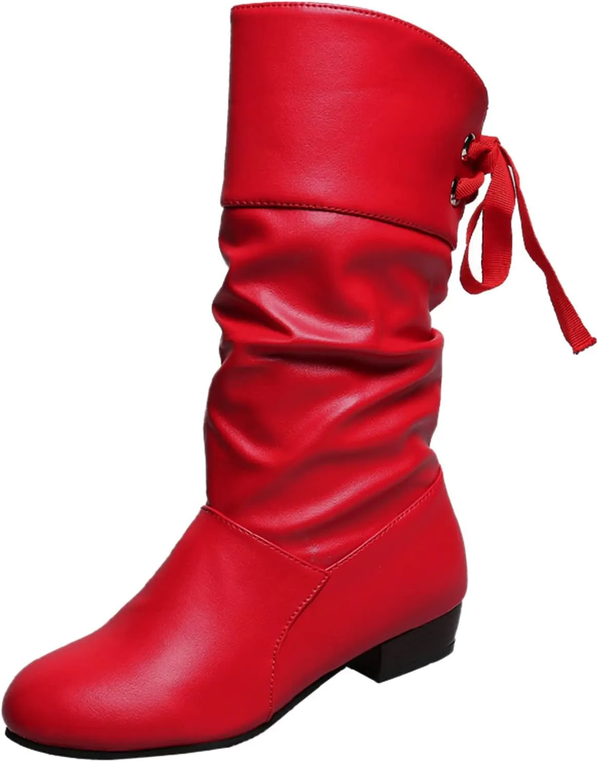 Womens Boots Fashion Bow Tie Pleated PU Leather Boots for Women Solid Color Chunky Heel Durable Mid-Calf Boots