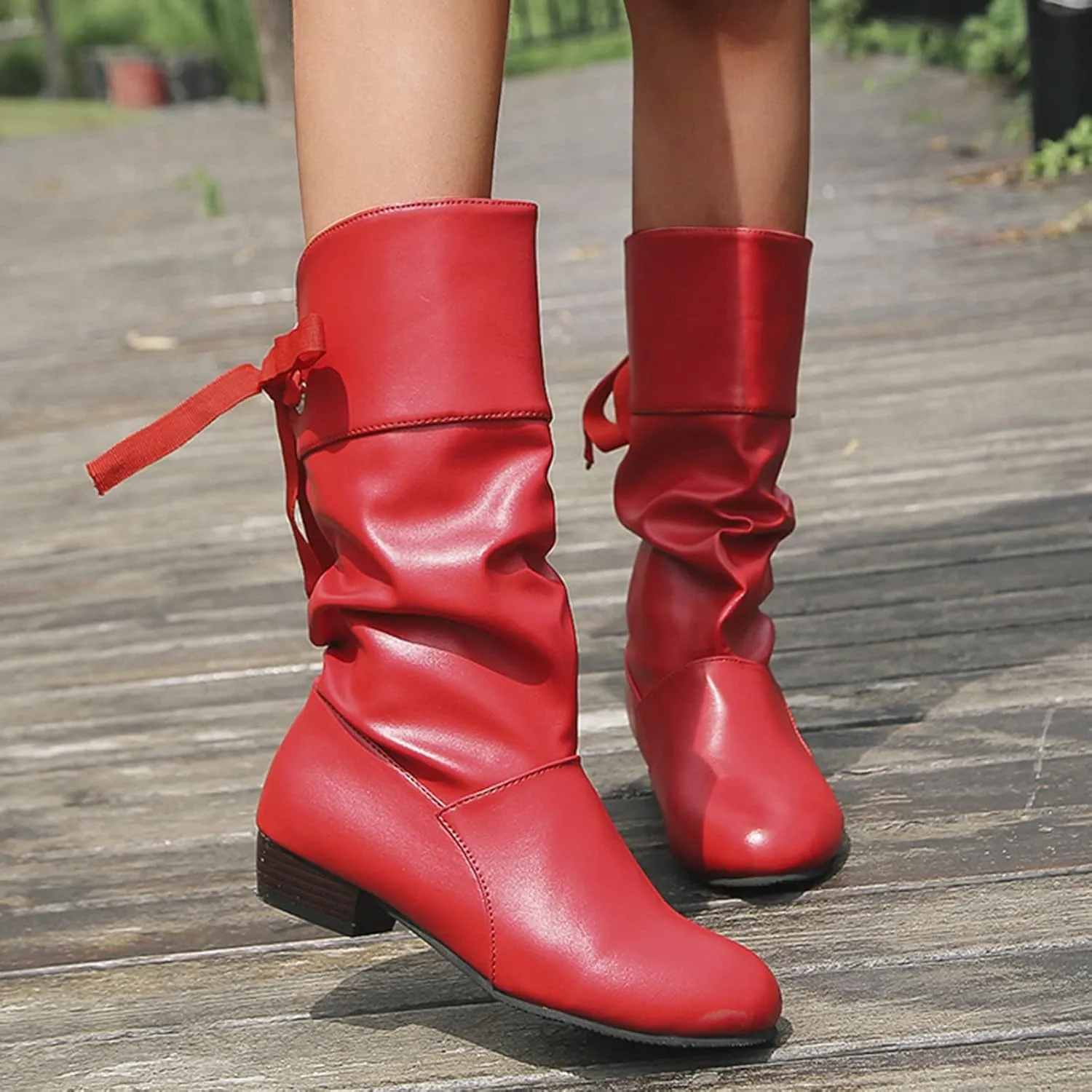 Womens Boots Fashion Bow Tie Pleated PU Leather Boots for Women Solid Color Chunky Heel Durable Mid-Calf Boots