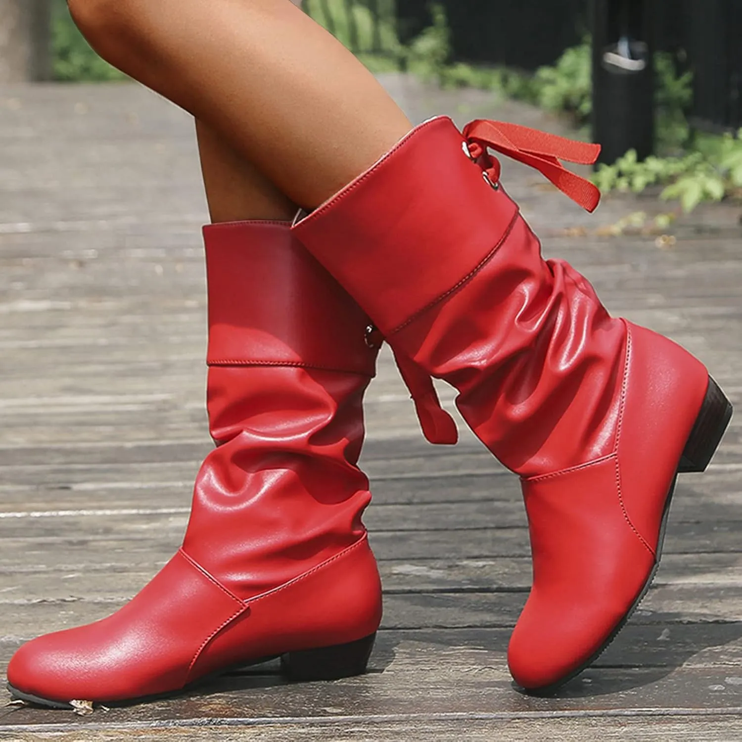 Womens Boots Fashion Bow Tie Pleated PU Leather Boots for Women Solid Color Chunky Heel Durable Mid-Calf Boots
