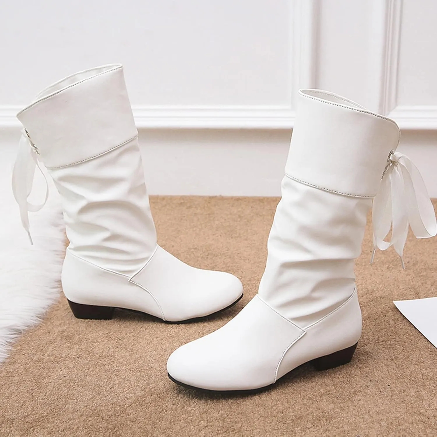 Womens Boots Fashion Bow Tie Pleated PU Leather Boots for Women Solid Color Chunky Heel Durable Mid-Calf Boots