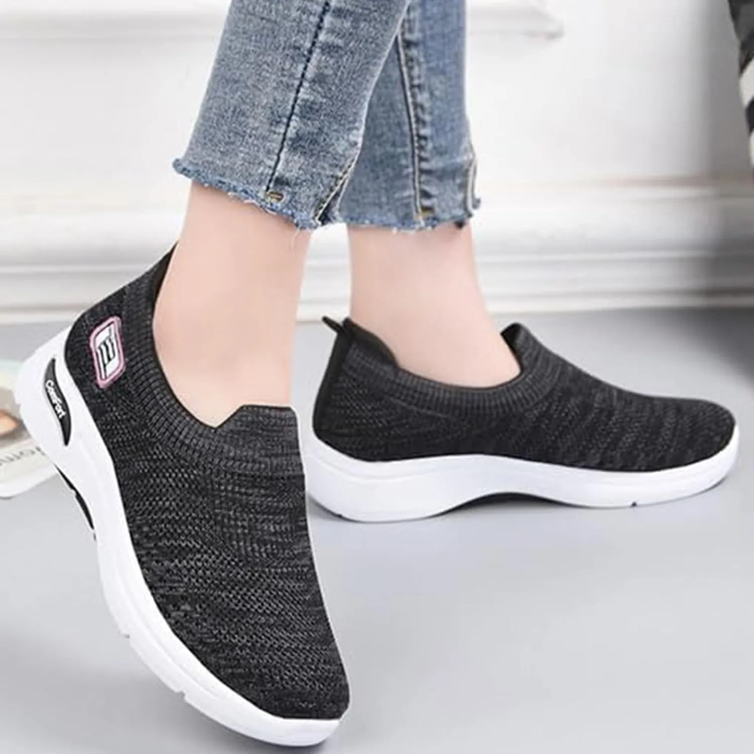ZWRXW Orthopedic Sneakers for Women Summer Lightweight Casual Slip On Walking Shoes with Arch Support Breathable Soft Woven Shoe Non-Slip Mesh Up Footwear